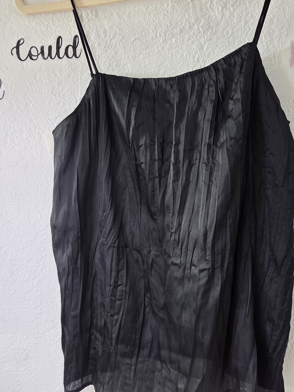 All Row Black Crinkle Pleated Satin Cami Tank Top Size S